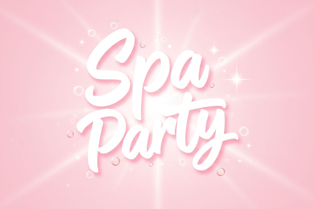 écris Spa Party avec un fond rose claire et lumineux un écriture dynamique style Joshico de canva en Blanc